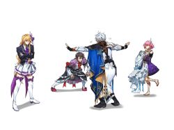 1girl 3boys ahoge black_boots black_skirt blonde_hair boots brown_hair coat commentary_request crossdressing crossed_arms cyrene_(honkai:_star_rail) hair_ornament highres honkai:_star_rail honkai_(series) honkai_impact_3rd idol long_hair meme multiple_boys no_eyes otto_apocalypse phainon_(honkai:_star_rail) prattkeeping_(meme) purple_coat purple_shirt red_shoes sandals shirt shoes short_hair simple_background skirt very_long_hair welt_yang white_background white_boots white_coat white_hair white_skirt yuka_(pixiv38407039)