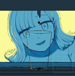 1girl character_request commentary_request cup drinking_glass famiresu_wo_kyouju_seyo highres mia960 open_mouth smile solo sweatdrop