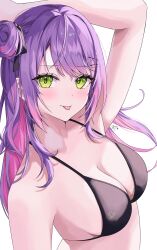 Rule 34 | 1girl, absurdres, arm up, bikini, black bikini, black ribbon, breasts, cleavage, closed mouth, colored inner hair, commentary request, film grain, green eyes, hair bun, hair ornament, hair ribbon, hairclip, halterneck, highres, hololive, large breasts, light blush, long hair, looking at viewer, multicolored hair, no shirt, one side up, parallel hairclips, parted bangs, pink hair, purple hair, ribbon, rojineco nene, simple background, solo, string bikini, swimsuit, tokoyami towa, tongue, tongue out, turning head, upper body, virtual youtuber, white background, x hair ornament