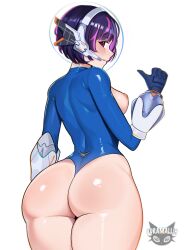 adramallih ass black_gloves blue_leotard breasts brown_eyes commentary covered_erect_nipples english_commentary gloves helmet highres juno_(overwatch) leotard looking_at_viewer looking_back medium_breasts medium_hair multicolored_hair overwatch overwatch_2 pink_hair purple_hair simple_background smile solo space_helmet standing white_background