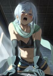 Rule 34 | 1boy, 1girl, bare shoulders, bike shorts, black gloves, blue hair, blush, breasts, chris (konosuba), commentary request, earrings, elbow gloves, gloves, hetero, highres, izawa (bhive003), jewelry, kono subarashii sekai ni shukufuku wo!, looking at viewer, navel, open mouth, paid reward available, purple eyes, satou kazuma, scar, scar on face, scarf, short hair, shorts, small breasts, teeth