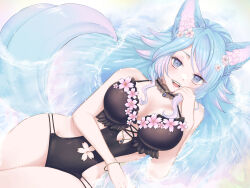 1girl animal_ear_fluff animal_ears bare_shoulders bikini blue_eyes blue_hair blue_tail breasts cleavage gradient_hair gradient_tail highres indie_virtual_youtuber large_breasts long_hair looking_at_viewer multicolored_hair multicolored_tail navel one-piece_swimsuit open_mouth pink_tail silvervale solo swimsuit tail usausagitan virtual_youtuber wolf_ears wolf_girl wolf_tail