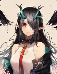 1girl arknights bare_shoulders black_coat black_hair breasts cleavage_cutout closed_mouth clothing_cutout coat collared_dress colored_extremities dragon_girl dragon_horns dress dusk_(arknights) earrings eastern_dragon_horns flower foam_(awa) green_hair green_hands green_horns hair_over_one_eye highres horns jewelry long_hair long_sleeves looking_at_viewer medium_breasts multicolored_hair necktie orange_eyes pink_flower pointy_ears red_necktie sleeveless sleeveless_dress solo streaked_hair tassel tassel_earrings upper_body white_background white_dress