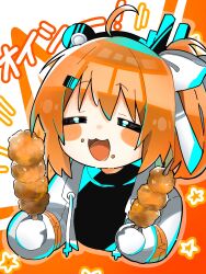 1girl :3 =_= a.i._voice adachi_rei ahoge blush chicken_(food) closed_eyes commentary_request cropped_torso drawstring facing_viewer food food_on_face fried_chicken gloves gorilla_ultra hair_ribbon headlamp highres holding holding_skewer jacket long_sleeves one_side_up open_clothes open_jacket open_mouth orange_background orange_hair orange_outline outline radio_antenna ribbon skewer smile solo star_(symbol) star_symbol_background upper_body utau white_background white_gloves white_jacket white_ribbon