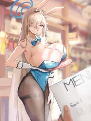 1girl 1other absurdres animal_ear_hairband animal_ears asuna_(blue_archive) asuna_(bunny)_(blue_archive) bare_shoulders black_pantyhose blue_archive blue_bow blue_bowtie blue_eyes bow bowtie breasts cleavage detached_collar fake_animal_ears gloves grin hair_over_one_eye hairband highleg highleg_leotard highres holding holding_menu holding_tray huge_breasts leotard long_hair looking_at_viewer menu mole mole_on_breast official_alternate_costume official_alternate_hairstyle pantyhose rabbit_ear_hairband rabbit_ears sidelocks smile strapless strapless_leotard tray very_long_hair white_gloves white_hairband yujeuuz