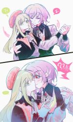 2girls absurdres amoris_(bang_dream!) ascot bang_dream! bang_dream!_it&#039;s_mygo!!!!! beret black_capelet blue_brooch blush capelet chinese_commentary commentary_request green_hair hat highres holding holding_weapon kiss long_hair long_sleeves mortis_(bang_dream!) mortis_(costume)_(bang_dream!) multiple_girls necklace_pull purple_hair red_brooch red_eyes red_hat shirt sidelocks surprise_kiss surprised wakaba_mutsumi weapon white_ascot white_shirt yellow_eyes youren117 yuri yuutenji_nyamu