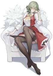 Rule 34 | 1girl, absurdres, black thighhighs, blush, bow, bowtie, collared shirt, commentary request, couch, flower, full body, garter straps, green hair, head rest, highres, joker (stjoker), kazami yuuka, knee up, looking at viewer, medium hair, nail polish, no shoes, on couch, open clothes, open vest, parted lips, red eyes, red nails, red skirt, red vest, shadow, shirt, sitting, skirt, skirt set, solo, thighhighs, thighhighs pull, torn clothes, torn thighhighs, touhou, vest, white flower, white shirt, wing collar, yellow bow, yellow bowtie
