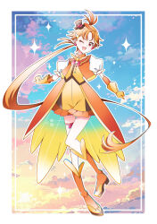 1boy absurdres arm_warmers black_hat blush boots brooch cure_wing earrings gloves hair_ornament hat high_heel_boots high_heels highres hirogaru_sky!_precure jewelry magical_boy mini_hat mini_top_hat one_eye_closed open_clothes open_mouth open_vest orange_boots orange_gloves orange_hair orange_shorts orange_vest pixiv_username pota_(potacure1011) precure puffy_short_sleeves puffy_sleeves red_eyes shirt short_hair short_sleeves shorts signature smile solo top_hat twitter_username vest white_shirt wing_brooch wing_hair_ornament yuunagi_tsubasa