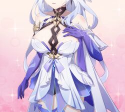 Rule 34 | 1girl, bare shoulders, breasts, commentary request, detached sleeves, dress, genshin impact, grey hair, halter dress, halterneck, large breasts, ling huanxiang, open mouth, pink background, short sleeves, skirk (genshin impact), solo, sparkle, standing, white dress