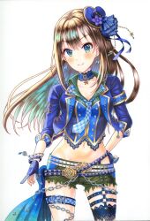 1girl blue_choker blue_gemstone blue_gloves blue_hair blue_hat blue_jacket blue_ribbon blush breasts brown_hair choker cleavage closed_mouth earrings gem gloves green_eyes green_shorts hair_ribbon hand_on_own_hip hat highres idolmaster idolmaster_cinderella_girls idolmaster_cinderella_girls_starlight_stage jacket jewelry marker_(medium) medium_breasts midriff mini_hat multicolored_hair namagai_cos navel open_clothes open_jacket ribbon shibuya_rin short_shorts shorts smile solo standing star_pendant stomach thigh_strap traditional_media white_background
