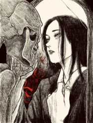 1girl black_hair flower greyscale highres japanese_clothes kimono long_hair looking_at_another mirror monochrome original red_flower skeleton solo spider_lily spot_color tp_p_pt