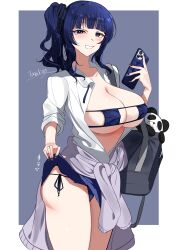 1girl absurdres asaka_karin backpack bag bikini blue_background blue_bikini blue_hair blue_skirt blunt_bangs blush border breasts cardigan cellphone cleavage clothes_lift collarbone eyepatch_bikini grin highres holding holding_phone iphone large_breasts lifting_own_clothes looking_at_viewer love_live! love_live!_nijigasaki_high_school_idol_club naughty_face open_clothes open_shirt panda phone ponytail purple_cardigan school_uniform shirt sidelocks signature skirt skirt_lift smartphone smile solo standing stuffed_animal stuffed_toy swimsuit tarakon white_border white_shirt