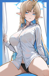 Rule 34 | 1girl, absurdres, alternate costume, black panties, blonde hair, blue eyes, blue hair, bra visible through clothes, breasts, collared shirt, colored inner hair, commentary, crown of thorns, earrings, english commentary, fleurdelys (wuthering waves), floating earrings, highres, horns, huge breasts, jewelry, long hair, long horns, long sleeves, looking at viewer, multicolored hair, no pants, panties, parted lips, pointy ears, ryeon (naturesan), shirt, sidelocks, single horn, solo, tacet mark (wuthering waves), thighs, underwear, very long hair, white shirt, wuthering waves, yellow horns