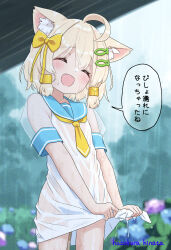 1boy ^_^ ahoge animal_ears blonde_hair blue_sailor_collar blush bow cat_boy cat_ears closed_eyes crossdressing dress fish_hair_ornament flower hair_bow hair_ornament happy hazakura_hinata highres hydrangea kaya_(hazakura_hinata) male_focus open_mouth outdoors rain sailor_collar see-through_clothes short_hair short_sleeves smile solo speech_bubble trap wet wet_clothes yellow_bow
