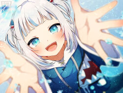 1girl animal_costume blue_eyes blue_hair blue_hoodie blush fins fish_tail gawr_gura gawr_gura_(1st_costume) hair_ornament hololive hololive_english hood hoodie looking_at_viewer medium_hair multicolored_hair open_mouth outstretched_hand satsuki_(pixiv_742410) shark_costume shark_girl shark_hair_ornament shark_tail sharp_teeth smile solo streaked_hair tail teeth two_side_up upper_teeth_only virtual_youtuber white_hair