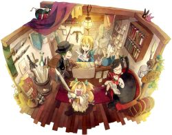Rule 34 | 2boys, 2girls, arakune, bad id, bad pixiv id, black hair, blazblue, blonde hair, closed eyes, green hair, hazama, holding, holding sword, holding weapon, kisaragi jin, litchi faye ling, multiple boys, multiple girls, platinum the trinity, reading, smile, sword, weapon