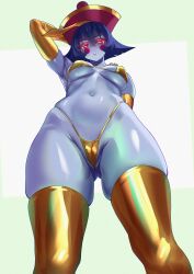 1girl absurdres bare_shoulders bikini black_hat blue_hair blue_skin blush breasts cameltoe cleavage colored_skin commentary darkstalkers elbow_gloves fukou gloves gluteal_fold gold_bikini gold_gloves gold_thighhighs hat highleg highleg_bikini highres hsien-ko jiangshi looking_at_viewer medium_breasts navel ofuda parted_lips qingdai_guanmao red_eyes short_hair swimsuit talisman thighs