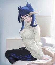 1girl absurdres au_ra bed black_leggings blue_eyes blue_hair commission curtains dragon_girl dragon_horns dragon_tail drawer final_fantasy final_fantasy_xiv glasses highres horns indoors leggings looking_at_viewer ritence sitting smile sweater tail twintails warrior_of_light_(ff14) white_scales white_sweater