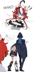 Rule 34 | !, !!, 3girls, ahoge, anger vein, animal ears, black bow, black gloves, black hair, black leg warmers, black skirt, blue coat, blue eyes, blue hair, blue pants, bow, brown hair, cake, coat, coat lift, collared shirt, english text, eus ing, fingernails, fishnet socks, fishnets, food, gloves, gradient hair, hair between eyes, hair intakes, hakos baelz, head under another&#039;s clothes, heart, highres, holding, holding paper, hololive, hololive english, huge ahoge, lace, lace-trimmed skirt, lace trim, leg warmers, long hair, mouse ears, mouse girl, multicolored hair, multiple girls, nanashi mumei, nanashi mumei (emo), open mouth, ouro kronii, pants, paper, pleated skirt, red hair, screaming, sharp fingernails, shirt, short hair, simple background, single fishnet legwear, skirt, socks, speech bubble, tearing up, thigh strap, turn pale, under another&#039;s clothes, very long hair, virtual youtuber, white background, white hair, white leg warmers, white shirt