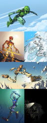 absurdres axe bionicle blue_eyes cloud flying gali_(bionicle) glowing glowing_eyes green_eyes hambonous highres holding holding_axe holding_sword holding_weapon humanoid_robot kanohi_(bionicle) kicking kopaka_(bionicle) lava lewa_(bionicle) looking_down mask onua_(bionicle) orange_eyes pohatu_(bionicle) robot sky sliding sword tahu_(bionicle) the_lego_group underground weapon yellow_eyes