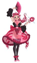 :d absurdres arm_warmers arms_up artist_request black_leotard black_socks bow brown_eyes character_request chest_jewel choker copyright_request costume_request earrings eyebrows eyeshadow flower hair_between_eyes hair_flower hair_ornament hair_shine hand_fan heart-shaped_gem high_heels highres holding holding_fan holding_wand jewelry leotard long_hair makeup no_shadow open_mouth pearl_earrings pink_choker pink_eyeshadow pink_hair pink_shoes pink_theme ponytail ribbon rose ruffled_dress shiny_clothes shiny_skin shoes shoulderless_dress simple_background smile socks source_request standing style_request thigh_gap translucent_dress wand white_background wings