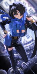 1girl absurdres blue_eyes blue_hair blue_necktie blue_pants blue_shirt blue_sleeves blurry blurry_background blush clock closed_mouth coat colored_inner_hair detached_pants from_above hair_between_eyes hair_intakes hand_on_own_hip highres holding holding_coat holding_unworn_clothes hololive hololive_english long_hair multicolored_hair necktie official_alternate_hairstyle ouro_kronii ouro_kronii_(4th_costume) pants shirt sidelocks standing unworn_coat virtual_youtuber wolf_cut yoellim5