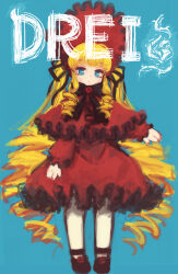 1girl black_ribbon blonde_hair blue_background blue_eyes blush_stickers bonnet bow bowtie dress drill_hair expressionless flower fujinozu full_body german_text hair_ribbon long_hair looking_at_viewer pantyhose red_dress ribbon rose rozen_maiden shinku simple_background sketch solo twin_drills very_long_hair white_pantyhose