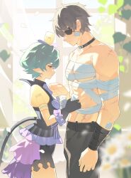 1boy 1girl bandaged_chest black_gloves black_pants blurry blurry_foreground crying eyepatch glasses gloves green_eyes green_hair grey_hair hashtag-only_commentary highres pandoria_(xenoblade) pants round_eyewear scar scar_on_arm short_hair standing streaming_tears tears toki0830 xenoblade_chronicles_(series) xenoblade_chronicles_2 zeke_von_genbu_(xenoblade)