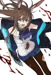 1girl absurdres amiya_(arknights) animal_ears arknights ascot bare_shoulders black_jacket blood blood_on_clothes blood_on_face blue_collar blue_eyes brown_hair brown_pantyhose center_frills clothes_writing collar commentary_request cuts frills hair_between_eyes highres injury jacket jewelry jie-se_(kuai_mian_biao) long_hair magic miniskirt open_mouth originium_arts_(arknights) pantyhose plaid_clothes plaid_skirt pleated_skirt purple_ascot purple_skirt screaming sidelocks simple_background skirt sleeveless sleeveless_sweater solo sweater thighlet torn_clothes torn_pantyhose white_background white_sweater