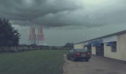Rule 34 | absurdres, architecture, bird, building, bush, car, cloud, cloudy sky, grass, highres, motor vehicle, no humans, outdoors, plant, scenery, science fiction, seagull, simon stalenhag, sky, swedish machines, tree