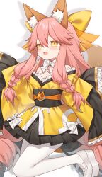 Rule 34 | 1girl, :d, absurdres, animal ear fluff, animal ears, artist name, blush, bow, bowtie, braid, cowboy shot, drop shadow, eyebrows hidden by hair, eyelashes, fate/samurai remnant, fate (series), foot out of frame, fox ears, fox girl, fox tail, frilled kimono, frilled sleeves, frills, hair between eyes, hair bow, hands up, highres, huge bow, japanese clothes, kimono, long hair, looking at viewer, low-braided long hair, low-tied long hair, low twintails, miyayoki, open mouth, pantyhose, shoes, short kimono, sidelocks, simple background, sleeves past fingers, sleeves past wrists, smile, solo, standing, standing on one leg, tail, tamamo (fate), tamamo aria (fate), thick eyebrows, twin braids, twintails, very long hair, w arms, white background, white bow, white bowtie, white pantyhose, white shoes, wide sleeves, yellow bow, yellow eyes, yellow kimono