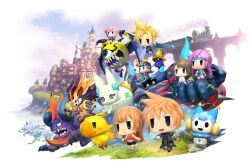 animal armor bablizz belt bird black_mage_(final_fantasy) blue_eyes brown_hair building buster_sword cat character_request chibi chibi_inset chibi_only chocobo cloud_strife cyclops fangs final_fantasy floating flying gloves gold green_eyes hat headphones helmet horns jewelry multiple_boys multiple_girls necklace official_art one-eyed open_mouth orange_hair pink_hair promotional_art purple_hair running skirt smile snow spiked_hair sword tail train weapon white_fur wings witch_hat wold wolf world_of_final_fantasy