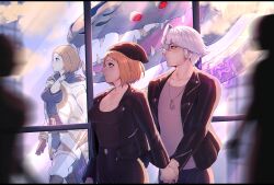 1boy 1girl artist_name beanie blonde_hair blue_eyes blue_shirt building cloak couple dog_tags dragon evomanaphy faceless female_kiran_(fire_emblem) fire_emblem fire_emblem_heroes freckles glowing glowing_eyes grey_shirt hat highres holding_hands jacket kiran_(fire_emblem) leather leather_jacket leather_pants looking_ahead male_robin_(fire_emblem) male_robin_(grima)_(fire_emblem) medium_hair nintendo pants red_eyes reflection reflective_surface shirt skyscraper walking white_cloak white_shirt