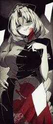 1girl absurdres black_sheep_(artist) blood blood_on_clothes blood_on_face blue_eyes blush braid breasts grin hand_on_own_chest hand_on_own_hip hat highres large_breasts long_hair looking_at_viewer nurse_cap partially_colored short_sleeves smile solo teeth touhou two-tone_shirt two-tone_skirt very_long_hair white_hair yagokoro_eirin