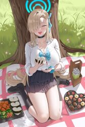 1girl absurdres artist_name asuna_(blue_archive) asuna_(school_uniform)_(blue_archive) black_shoes black_skirt black_socks blonde_hair blue_archive blue_bow blue_halo blue_ribbon blue_scrunchie blush bow breasts broccoli candy chocolate chocolate_heart collarbone fang food hair_over_one_eye hair_ribbon halo heart heart-shaped_food high-waist_skirt highres holding holding_food kneehighs loafers long_hair looking_at_viewer m1ssed official_alternate_costume onigiri open_mouth revision ribbon scrunchie shirt shoes sidelocks sitting skin_fang skirt socks solo tomato tomato_slice wariza white_shirt wrist_scrunchie