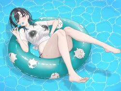 1girl afloat aqua_hair aqua_streaks bare_legs barefoot bikini bikini_under_clothes black_bikini black_hair blue_innertube blush breasts eating food food_in_mouth hair_between_eyes highres holding holding_food holding_popsicle hololive hololive_dev_is innertube kisima_kai large_breasts looking_at_viewer lying medium_hair mouth_hold multicolored_hair on_back on_innertube popsicle popsicle_in_mouth red_eyes rindo_chihaya see-through_clothes see-through_shirt shirt solo streaked_hair swim_ring swimsuit tied_shirt toes virtual_youtuber water wet wet_clothes wet_shirt white_hair white_shirt white_streaks