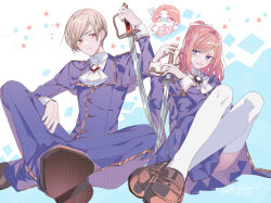 !? 1boy 2girls ascot bandaid bandaid_on_face blonde_hair blue_eyes capelet collared_shirt diana_(akutsuka) genkai_ol-san_wa_akuyaku_reijou-sama_ni_tsukaetai gran_magnaresk hair_ribbon high_ponytail highres holding holding_sword holding_weapon indian_style loafers long_sleeves looking_at_another multiple_girls natori_midori official_art pink_hair ponytail ribbon shaded_face shinonome_neko-tarou shirt shoes sitting sword thighhighs tongue tongue_out weapon white_ascot
