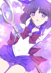 Rule 34 | 1girl, arms up, back bow, bishoujo senshi sailor moon, black hair, blue choker, blue sailor collar, blue skirt, bow, choker, circlet, covered navel, glaive (polearm), grey eyes, highres, himehachi (hime8manga), magical girl, miniskirt, open mouth, panties, pantyshot, pleated skirt, polearm, red bow, sailor collar, sailor saturn, sailor senshi uniform, shirt, short hair, silence glaive, skirt, solo, tomoe hotaru, underwear, weapon, white panties, white shirt