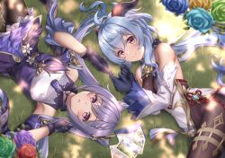 Rule 34 | 2girls, ahoge, bare shoulders, bell, blue hair, blush, breasts, cone hair bun, ganyu (genshin impact), genshin impact, hair bun, hair ornament, horns, keqing (genshin impact), large breasts, long hair, looking at viewer, medium breasts, multiple girls, purple eyes, purple hair, swept bangs, twintails, yuririn poi