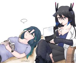 2girls animal_ears black_boots black_dragon black_dragon_(kemono_friends) black_gloves black_hair black_skirt black_thighhighs blue_hair blue_shirt boots clipboard coat collarbone couch crossed_legs dragon_ears dragon_girl dragon_horns dragon_tail elbow_gloves fingerless_gloves fishnet_gloves fishnet_thighhighs fishnets frilled_thighhighs frills gloves gradient_hair green_eyes green_hair grey_eyes hair_between_eyes horns kako_(kemono_friends) kemono_friends kemono_friends_3 lab_coat long_hair lying multicolored_hair multiple_girls on_back open_clothes open_coat pen pleated_skirt purple_shirt saja_(166j357) shirt short_sleeves sidelocks sitting skirt t-shirt tail therapy thighhighs white_coat zettai_ryouiki