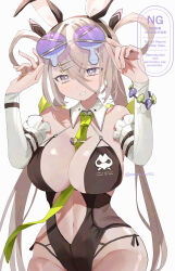 Rule 34 | 1girl, absurdres, animal ears, bare shoulders, black one-piece swimsuit, breasts, cleavage, eyewear on head, fake animal ears, fate/grand order, fate (series), green necktie, grey eyes, grey hair, grin, hair rings, highleg, highleg one-piece swimsuit, highres, huyan zhuo (fate), huyan zhuo (swimsuit) (fate), large breasts, long hair, looking at viewer, multicolored hair, navel, necktie, one-piece swimsuit, plunging neckline, rabbit ears, skeymd, smile, solo, streaked hair, sunglasses, swimsuit