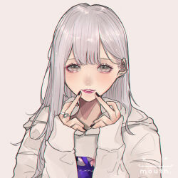 Rule 34 | 1girl, aegyo sal, artist logo, barbell piercing, black nails, commentary request, earrings, eyelashes, eyeshadow, grey background, grey eyes, grey hair, grey hoodie, hands up, heart ring, highres, hood, hood down, hoodie, jewelry, light smile, lips, lipstick, logo, long hair, long sleeves, looking at viewer, makeup, mano aaa, multiple rings, nail polish, original, parted lips, piercing, pink eyeshadow, pink lips, ring, simple background, sleeves past wrists, solo, stud earrings, upper body