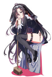 1girl ahoge alternate_costume alternate_hairstyle black_dress black_eyes black_hair black_shoes black_thighhighs black_veil breasts dated dress eyelashes full_body genderswap genderswap_(mtf) grey_eyes hair_between_eyes hair_down highres holding holding_mop kimako_(kimako_8) long_hair long_sleeves looking_at_viewer modao_zushi mop nun open_mouth own_hands_together panties red_panties shoes side-tie_panties side_slit simple_background sitting solo tassel thigh_strap thighhighs twitter_username underwear veil very_long_hair watermark wei_wuxian white_background
