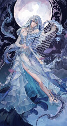 1girl absurdres amecia bare_shoulders beads blue_dress blue_eyes blue_hair blue_shoes breasts cleavage daughter_of_the_lake_(infinity_nikki) detached_sleeves dress fish flying_fish full_body full_moon gown hair_between_eyes high_heels highres holding_harp infinity_nikki instrument jewelry light_smile long_dress long_hair low-tied_long_hair moon music necklace night nikki_(series) parted_lips playing_instrument ribbon_eel shell_to_ear shoes sleeves_past_wrists solo veil vertical-striped_sleeves very_long_hair white_sleeves white_veil