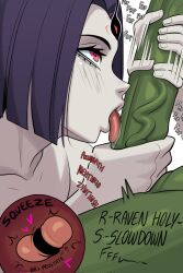 Rule 34 | 1boy, 1girl, beast boy (dc), blush, colored skin, couple, dc comics, english text, excited, excited for sex, fellatio, green skin, handjob, heart, heart-shaped pupils, highres, large penis, licking, licking penis, oral, penis, purple hair, raven (dc), symbol-shaped pupils, teen titans, uncensored, veins, veiny penis
