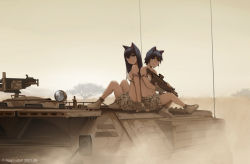 2girls animal_ears artist_name assault_rifle back-to-back cat_ears commentary_request dead-robot dust gun holding holding_gun holding_weapon looking_at_viewer military military_vehicle multiple_girls on_vehicle original outdoors rifle shoes shorts sitting sneakers tattoo tree watermark weapon white_footwear