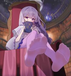 Rule 34 | 1girl, absurdres, arcaea, bare shoulders, book, bow, braid, charon (arcaea), collar, dress, feet, hair between eyes, hair ornament, highres, jacket, lagrange (arcaea), long hair, maigo no haien, monocle, pantyhose, purple bow, purple eyes, purple hair, purple pantyhose, shy, sidelocks, single braid, solo, twintails, white jacket, yellow dress