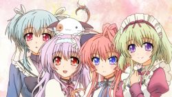 Rule 34 | 050411285aura, 4girls, :d, :o, animal, animal on head, bad id, bad pixiv id, blonde hair, breasts, cat, juliet sleeves, long hair, long sleeves, maid, maid headdress, mashiroiro symphony, multiple girls, on head, open mouth, orange hair, parted lips, pink eyes, ponytail, puffy long sleeves, puffy sleeves, purple eyes, red eyes, smile, upper body