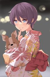 1girl :3 absurdres animal black_hair blue_eyes chihuahua chikuwa_(yurucamp) dog closed_eyes file112056 highres japanese_clothes kimono looking_at_viewer obi saitou_ena sash short_hair smile yukata yurucamp