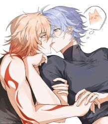 Rule 34 | &gt; &lt;, 2boys, antenna hair, bare shoulders, black shirt, black tank top, blue eyes, blush stickers, body markings, cat, commentary, facial mark, french kiss, gradient hair, hand on another&#039;s arm, hand on another&#039;s face, hashtag-only commentary, highres, holding hands, honkai: star rail, honkai (series), image in thought bubble, kiss, male focus, midriff peek, multicolored hair, multiple boys, mydei (honkai: star rail), parted bangs, phainon (honkai: star rail), profile, shirt, signature, ste twilight, tank top, tongue, tongue out, turtleneck, upper body, white background, yaoi, yellow eyes